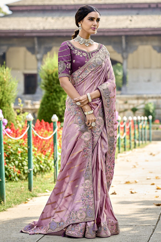 Winsome Pink Color Silk Saree With Heavy Embroidered Blouse
