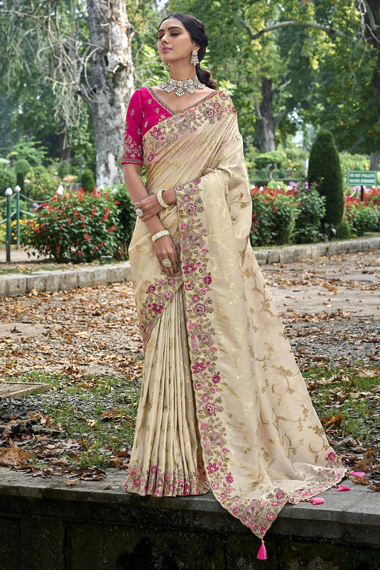 Creative Beige Color Silk Saree With Heavy Embroidered Blouse