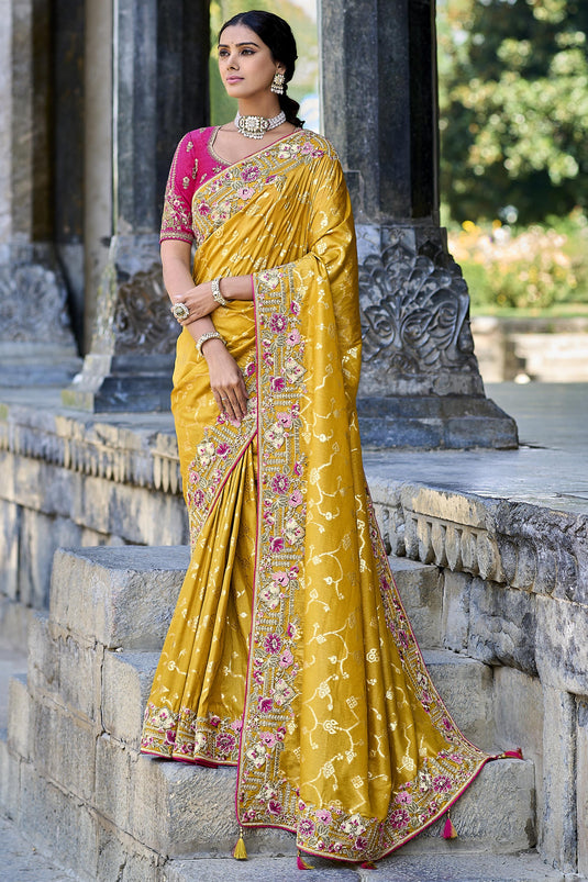 Marvelous Silk Yellow Color Saree With Heavy Embroidered Blouse