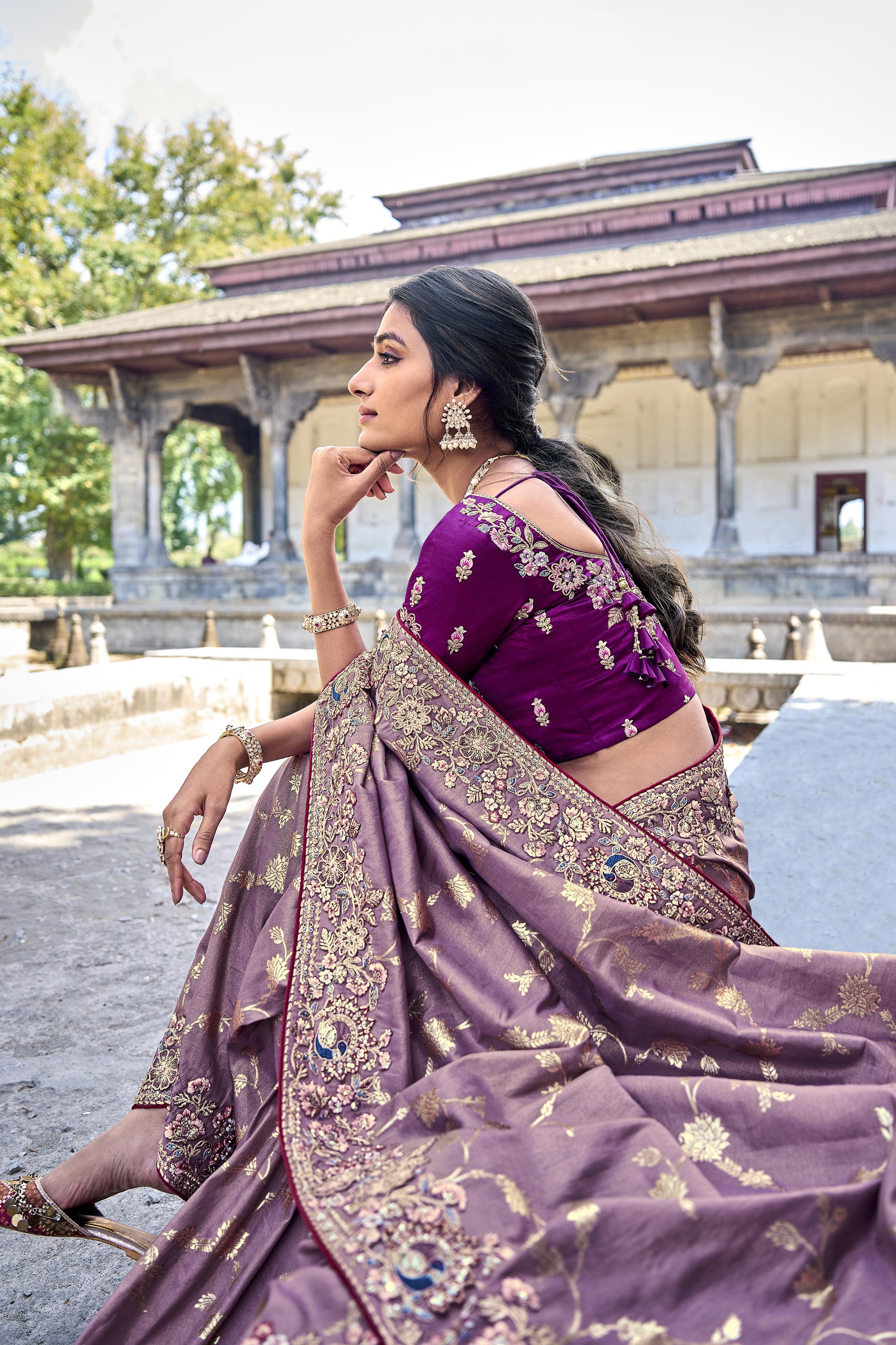 Buy Purple Silk Saree with Zari Stripes And Unstitched Blouse Piece KALKI  Fashion India