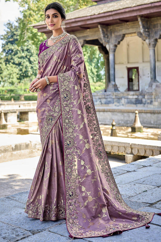 Excellent Silk Purple Color Saree With Heavy Embroidered Blouse