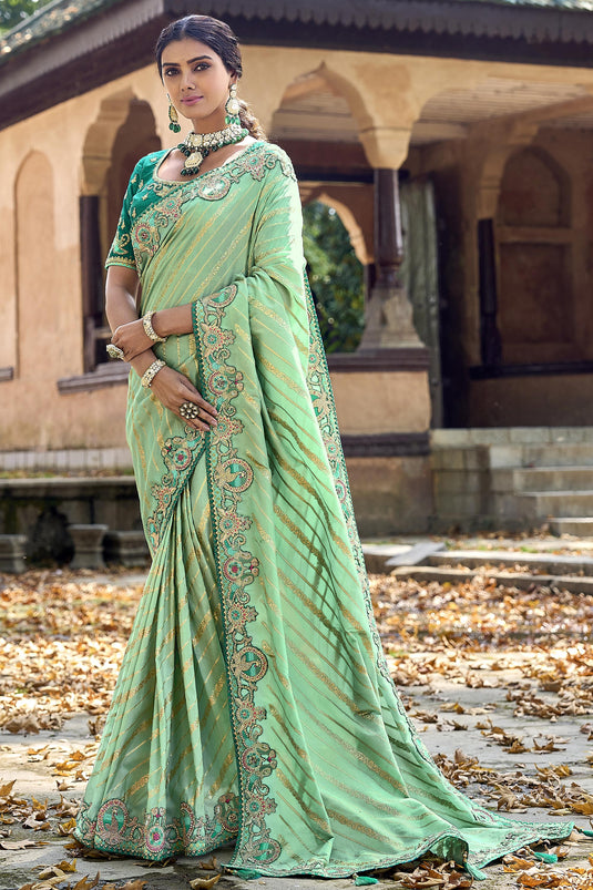 Incredible Silk Sea Green Color Saree With Heavy Embroidered Blouse