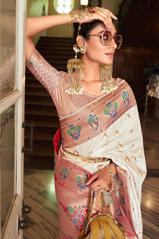 Engaging Off White Color Art Silk Weaving Work Saree