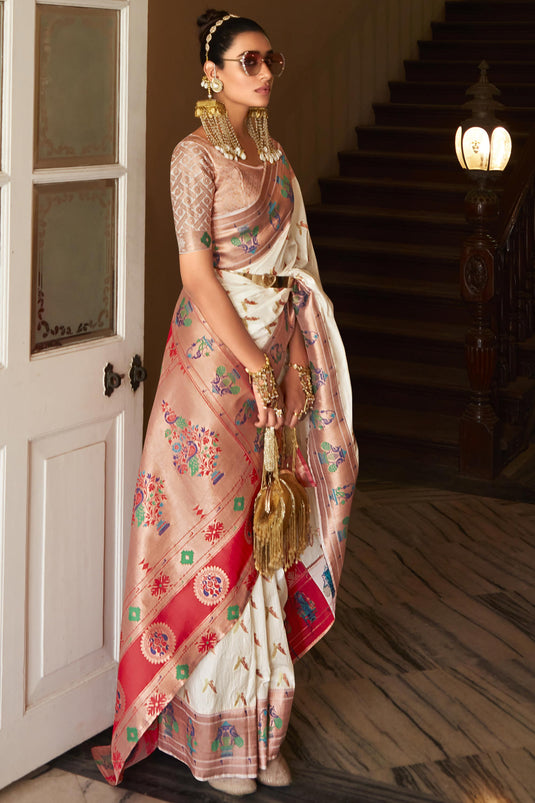 Engaging Off White Color Art Silk Weaving Work Saree