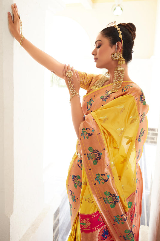 Delicate Yellow Color Weaving Work Art Silk Saree