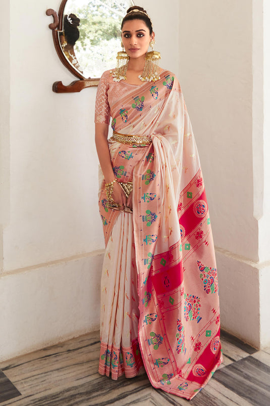 Alluring Beige Color Weaving Work Art Silk Saree