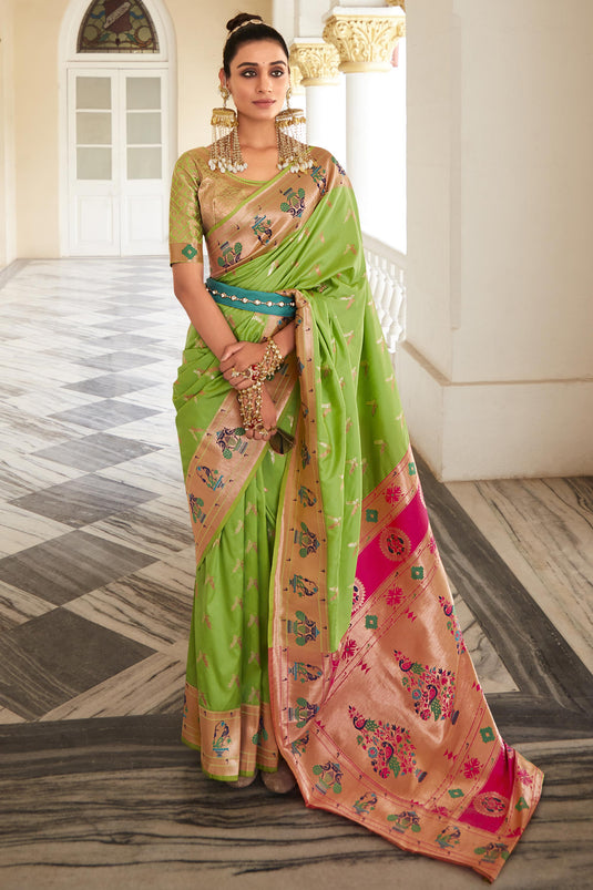 Appealing Weaving Work Art Silk Green Color Saree