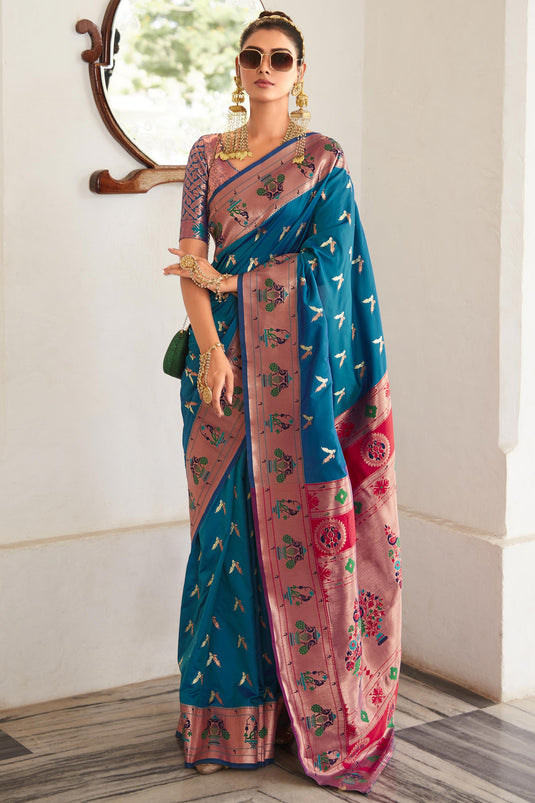 Dazzling Teal Color Weaving Work Art Silk Saree