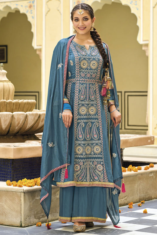 Art Silk Fabric Embroidered Readymade Punjabi Style Palazzo Suit In Teal Color