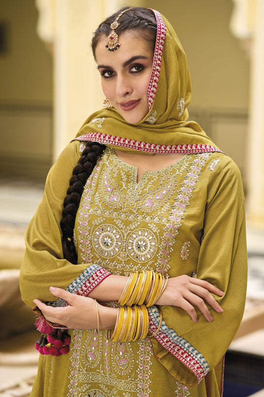 Yellow Color Embroidered Readymade Punjabi Style Palazzo Suit In Art Silk Fabric