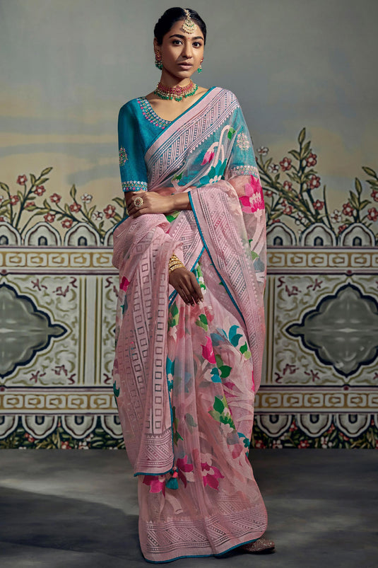 Brasso Work Pink Color Organza Fabric Stylish Saree