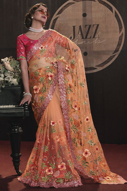 Imperial Orange Color Heavy Embroidery Work Net Saree With Party Look Blouse