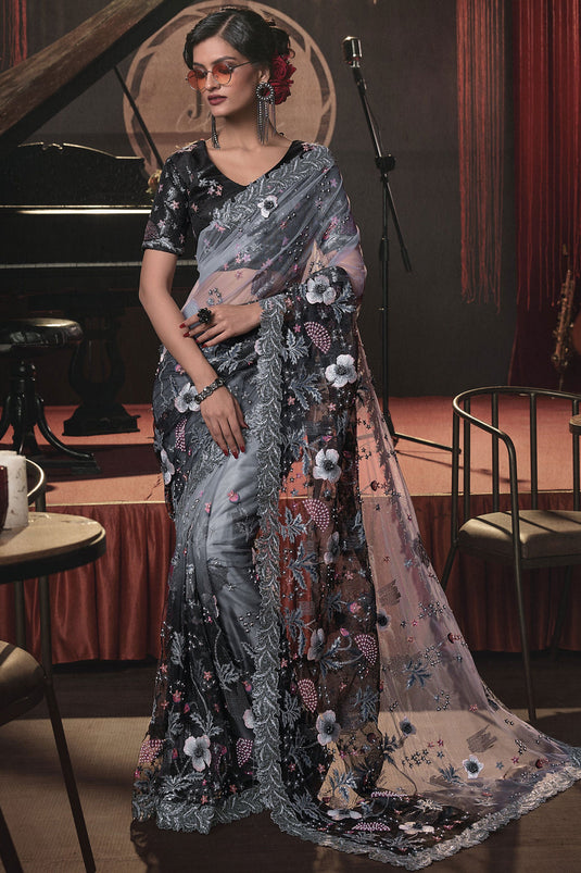 Excellent Net Grey Color Heavy Embroidery Work Saree With Party Look Blouse