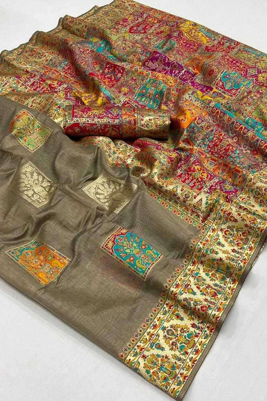 Blazing Dark Beige Color Kashmiri Modal Handloom Weaving Silk Saree With Kashmiri Blouse