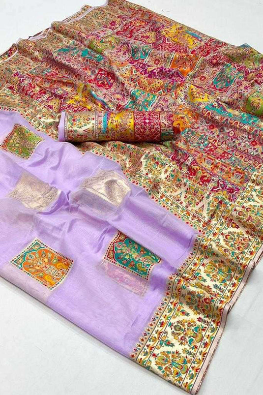 Lavender Color Glamorous Kashmiri Modal Handloom Weaving Silk Saree With Kashmiri Blouse