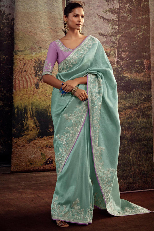 Lavishing Sea Green Color Art Silk Fabric Fancy Work Saree