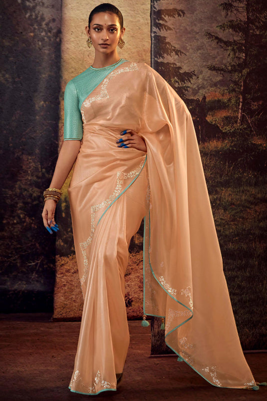 Astonishing Peach Color Art Silk Fabric Fancy Work Saree