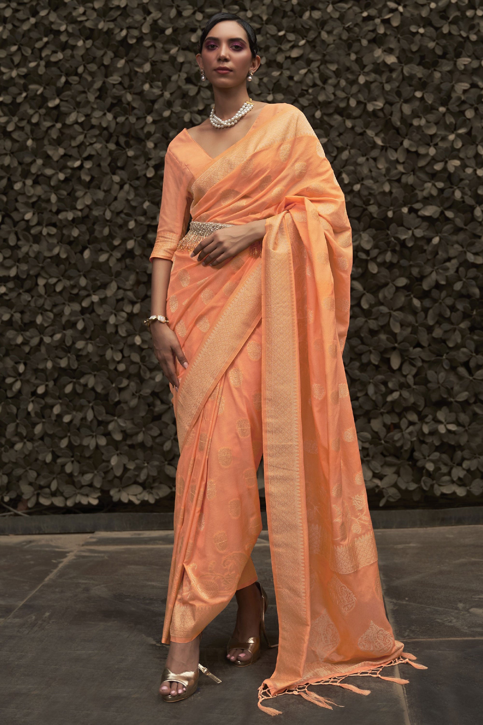 Orange Handwoven Linen Saree with silver hand spun zari border and stripes  on Pallu– Swapna Creation