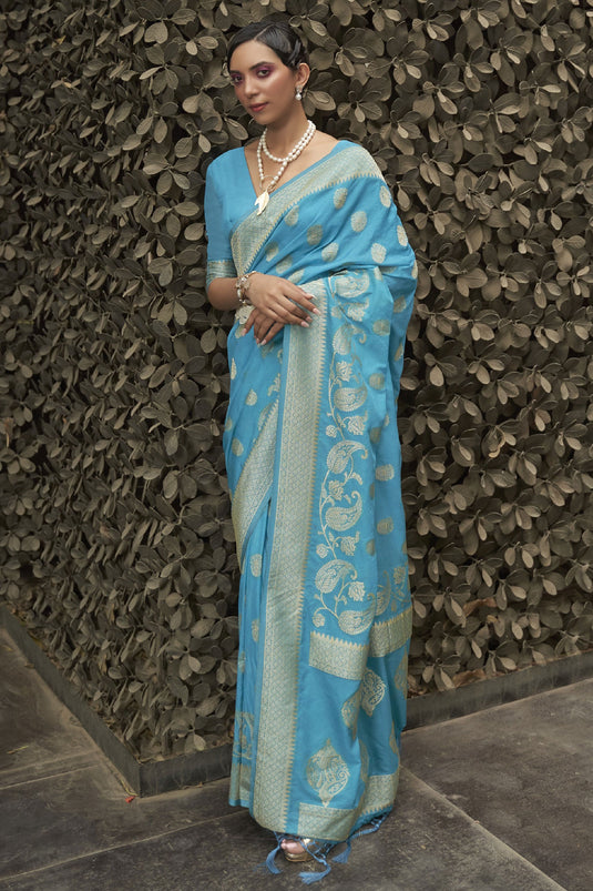 Excellent Chinon Fabric Sky Blue Color Weaving Work Saree