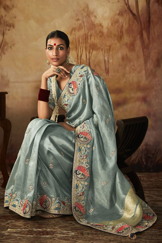 Cyan Blue Organza Silk Saree