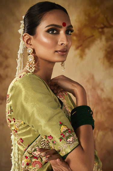 Green Color Gorgeous Embroidery Work Banarasi Kanjivaram Saree