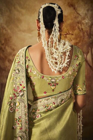 Green Color Gorgeous Embroidery Work Banarasi Kanjivaram Saree