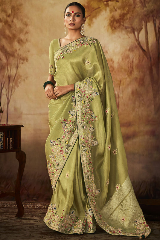 Green Color Gorgeous Embroidery Work Banarasi Kanjivaram Saree