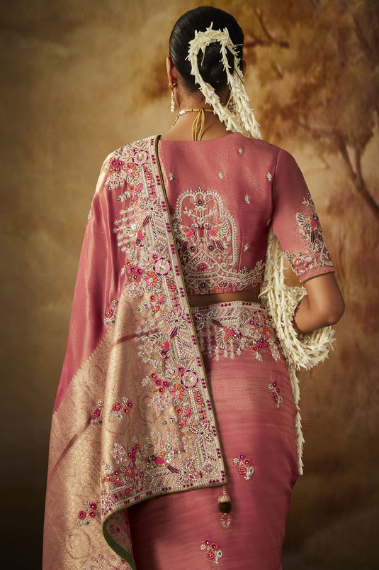 Pink Color Pleasant Embroidery Work Banarasi Kanjivaram Saree