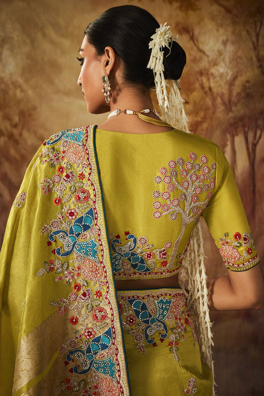Yellow Color Brilliant Embroidery Work Banarasi Kanjivaram Saree