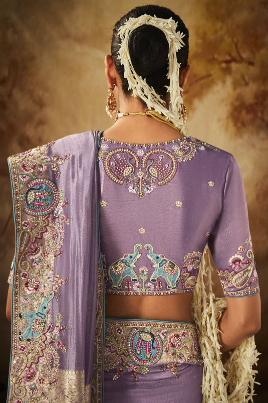 Lavender Color Glorious Embroidery Work Banarasi Kanjivaram Saree