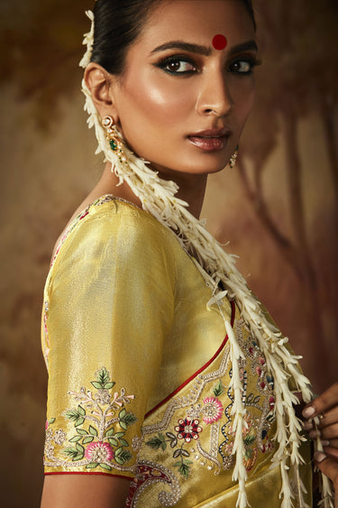 Yellow Color Exquisite Embroidery Work Banarasi Kanjivaram Saree