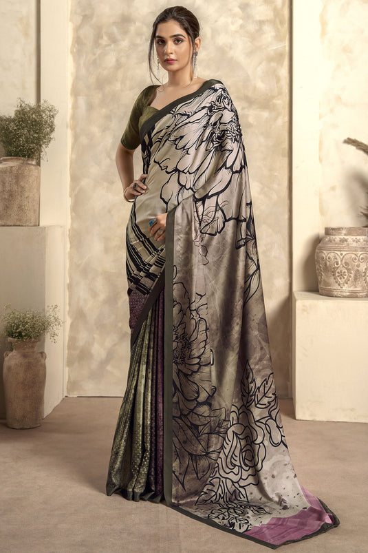 Dazzling Multi Color Satin Silk Printed Saree