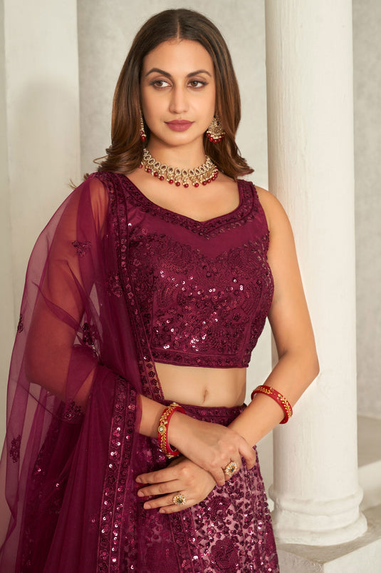 Maroon Net Lehenga Choli With Sequins Embroidery Work