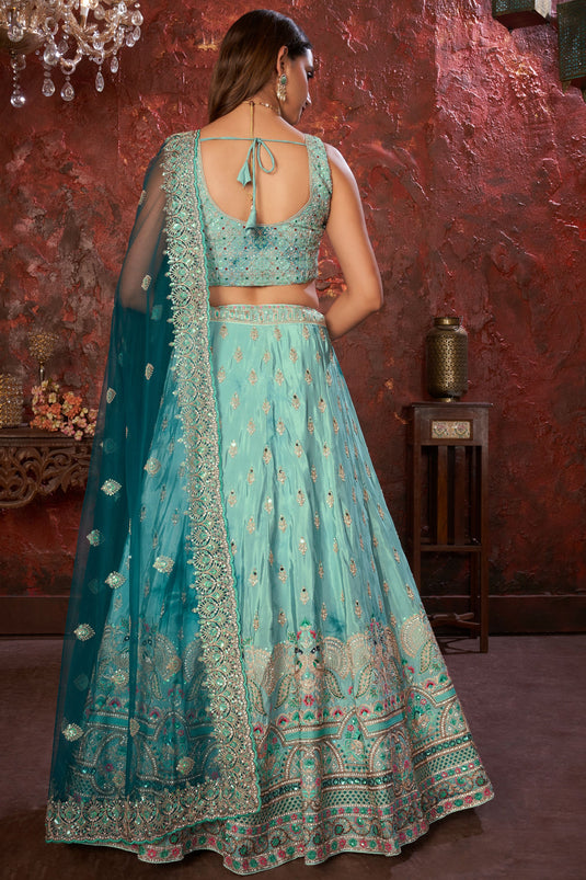 Coral Light Cyan Sequins Embroidered Crepe Wedding Lehenga Choli