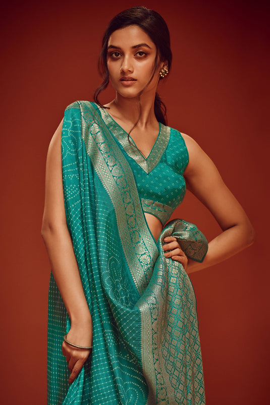 Cyan Color Gorgeous Weaving Work Viscose Fabric Saree