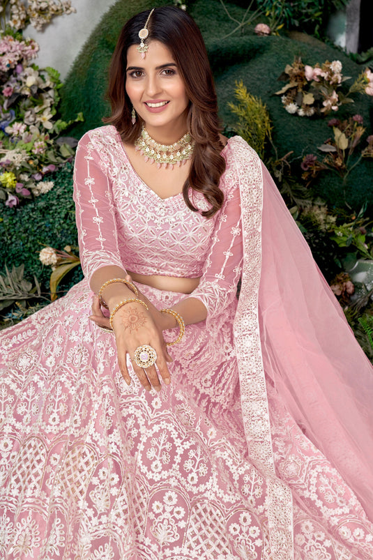 Net Fabric Pink Color 3 Piece Lehenga Choli With Embroidery Work