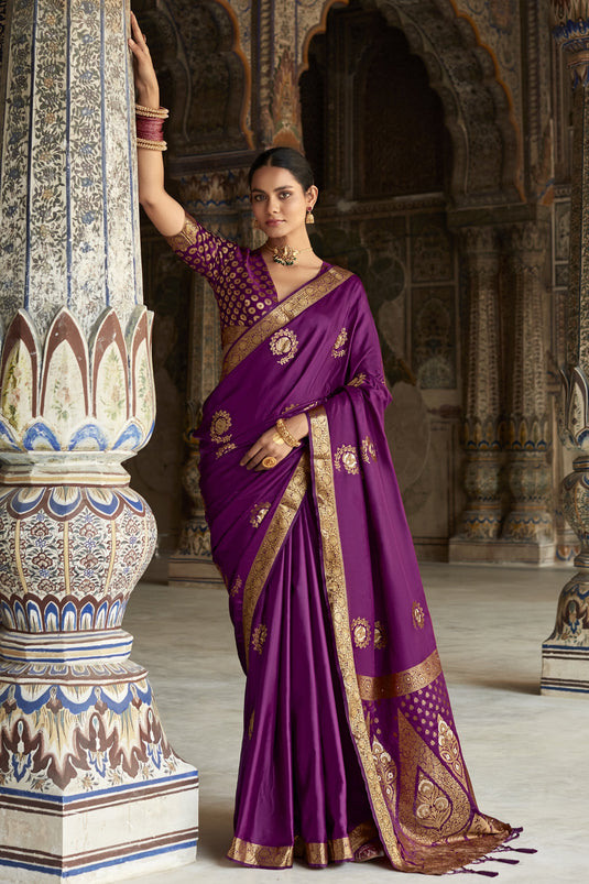Purple Weaving Work Satin Silk Function Wear Saree