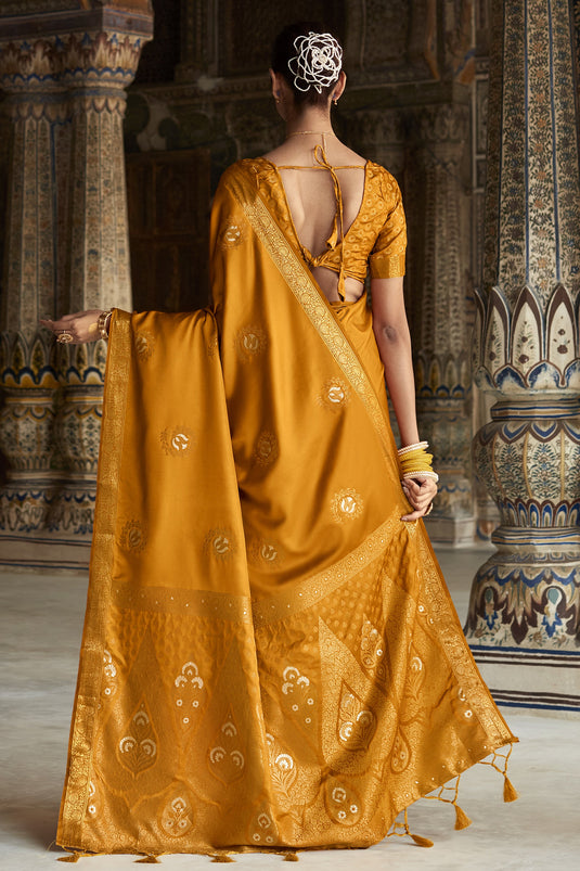 Stunning Mustard Satin Silk Weaving Work Saree