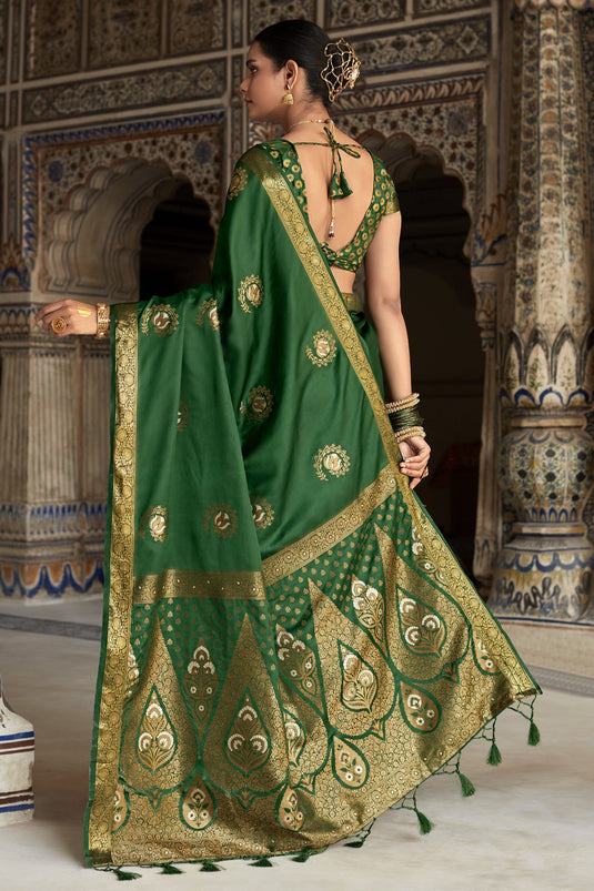 Weaving Work Fancy Satin Silk Saree In Dark Green Color