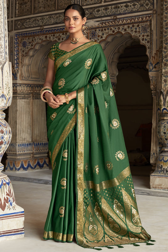 Weaving Work Fancy Satin Silk Saree In Dark Green Color