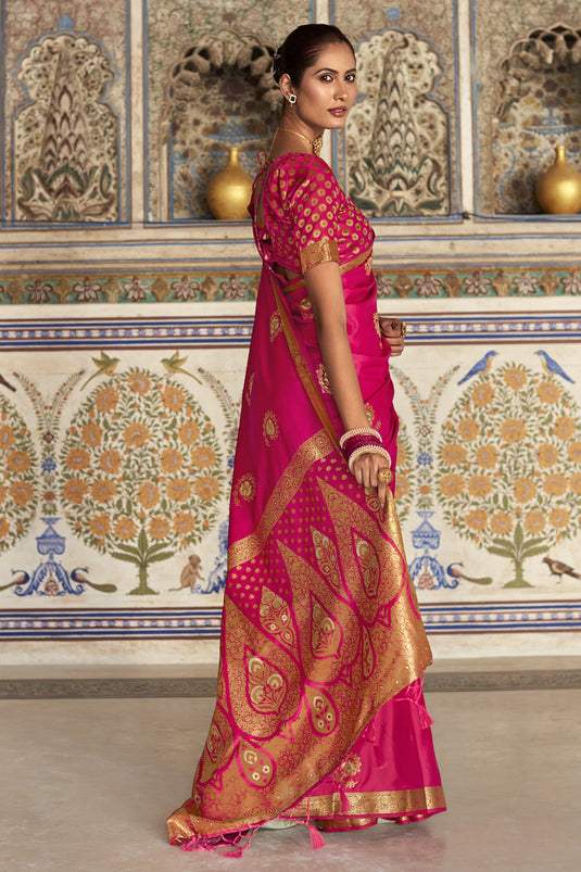 Elegant Rani Color Satin Silk Weaving Work Saree