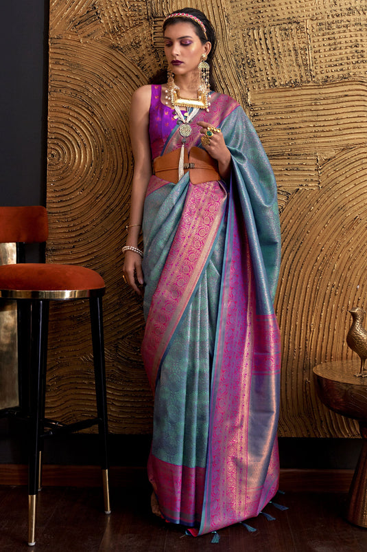 Art Silk Cyan Color Weaving Work Stylish Saree