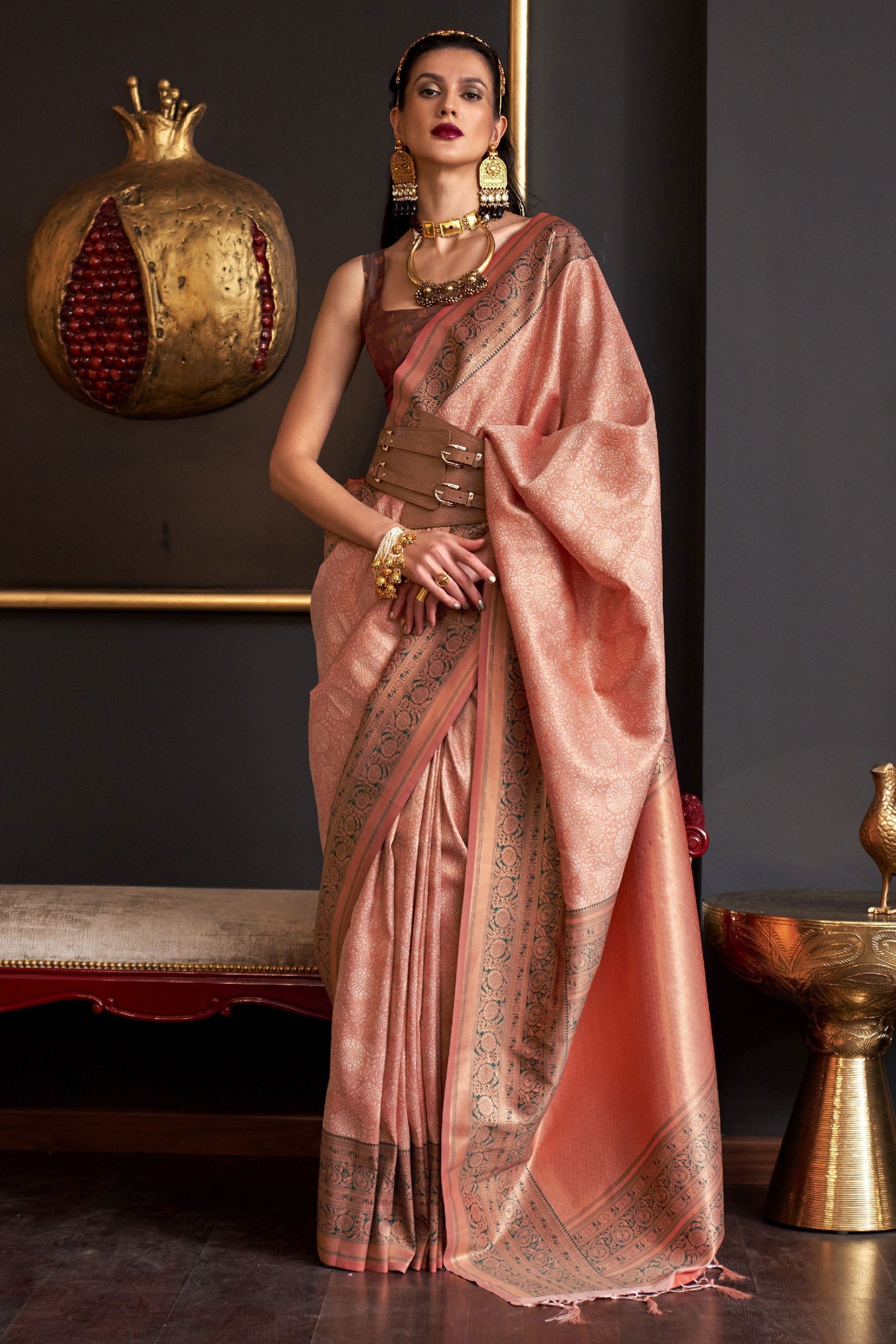 Buy Peach Zari Weaving Silk Saree With Blouse Online At Zeel Clothing