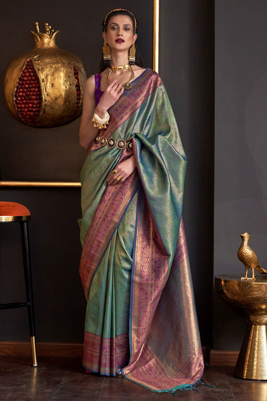 Radiant Teal Color Art Silk Weaving Work Saree