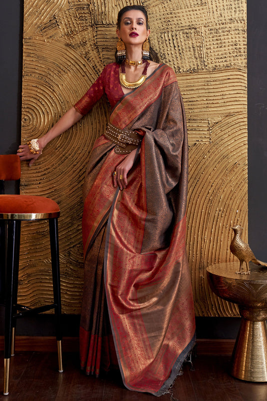 Excellent Art Silk Brown Color Weaving Work Saree