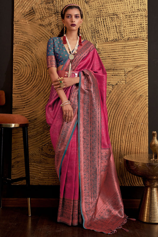 Incredible Art Silk Rani Color Weaving Work Saree