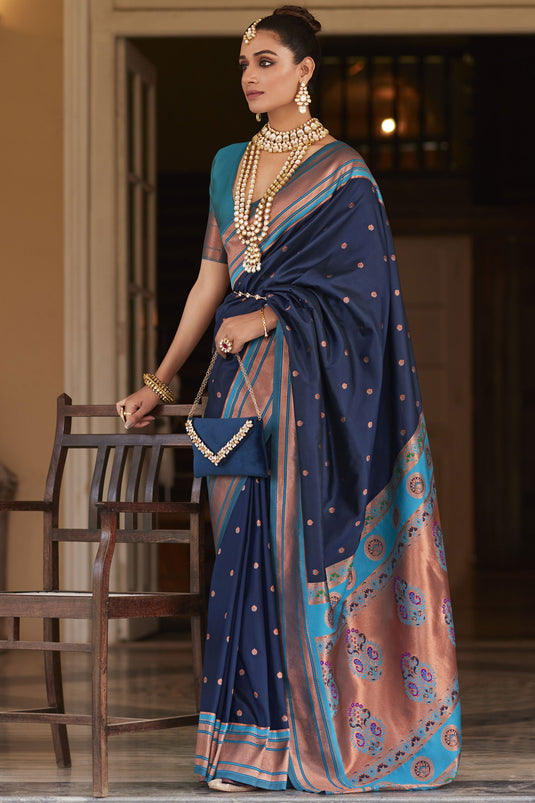 Attractive Navy Blue Weaving Work Paithani Silk Traditional Saree