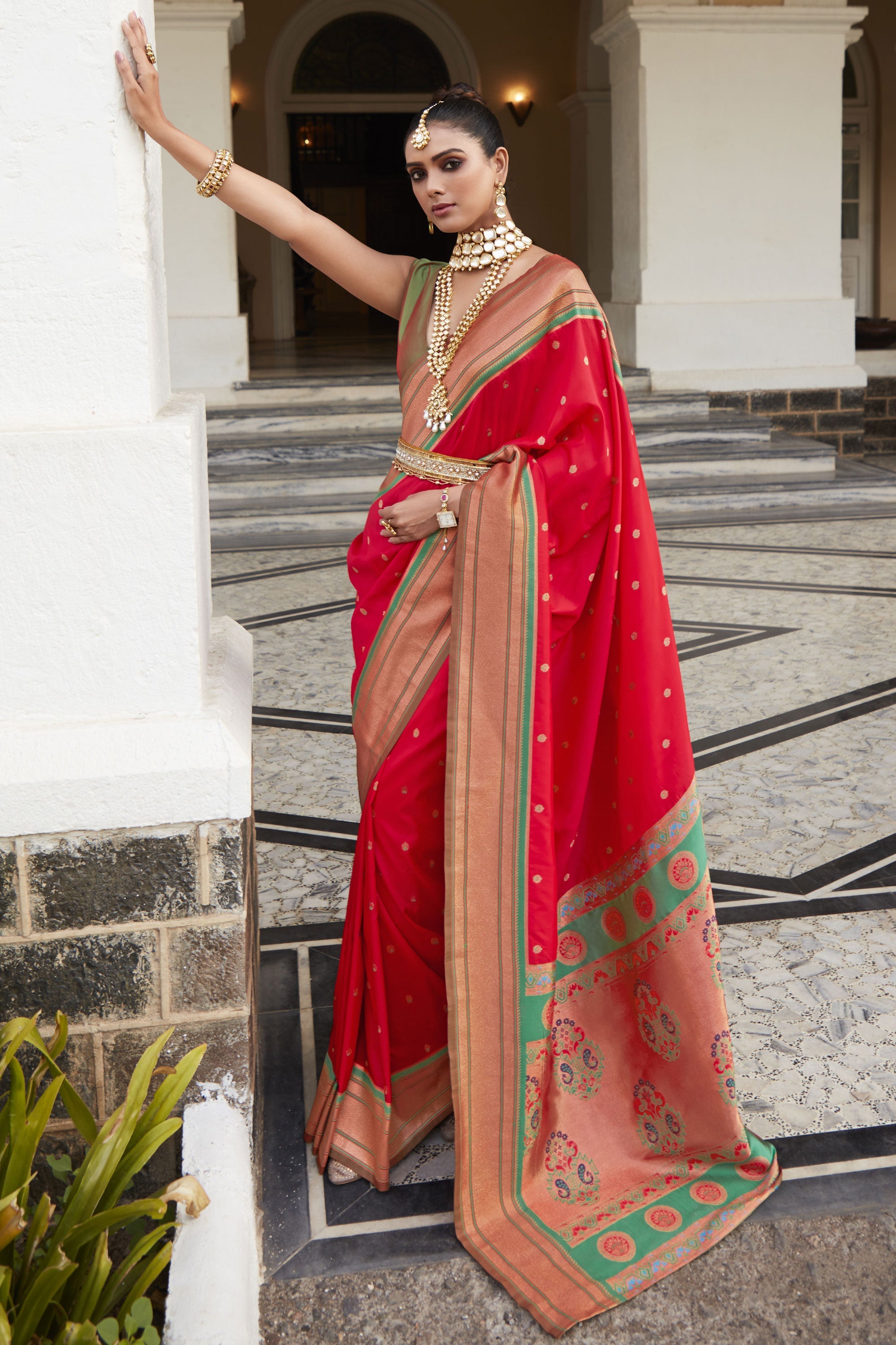 Red pittan work outlet saree