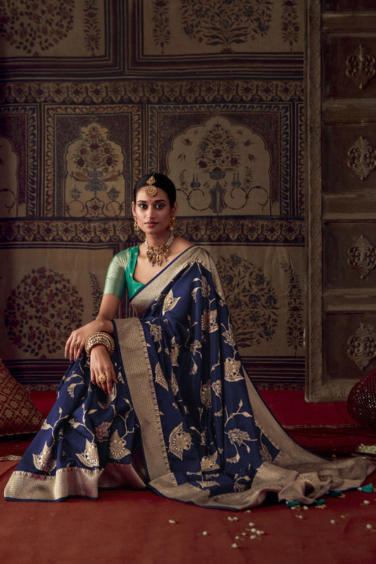 Navy Blue Weaving Work Wedding Look Saree In Fancy Fabric