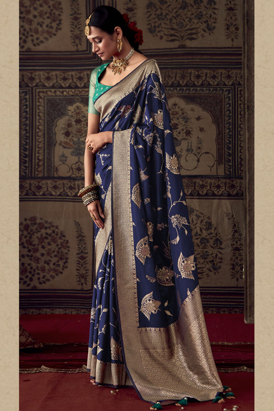 Navy Blue Weaving Work Wedding Look Saree In Fancy Fabric